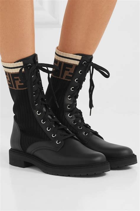 fendi logo-jacquard stretch-knit and leather ankle boots|Fendi Rockoko Logo.